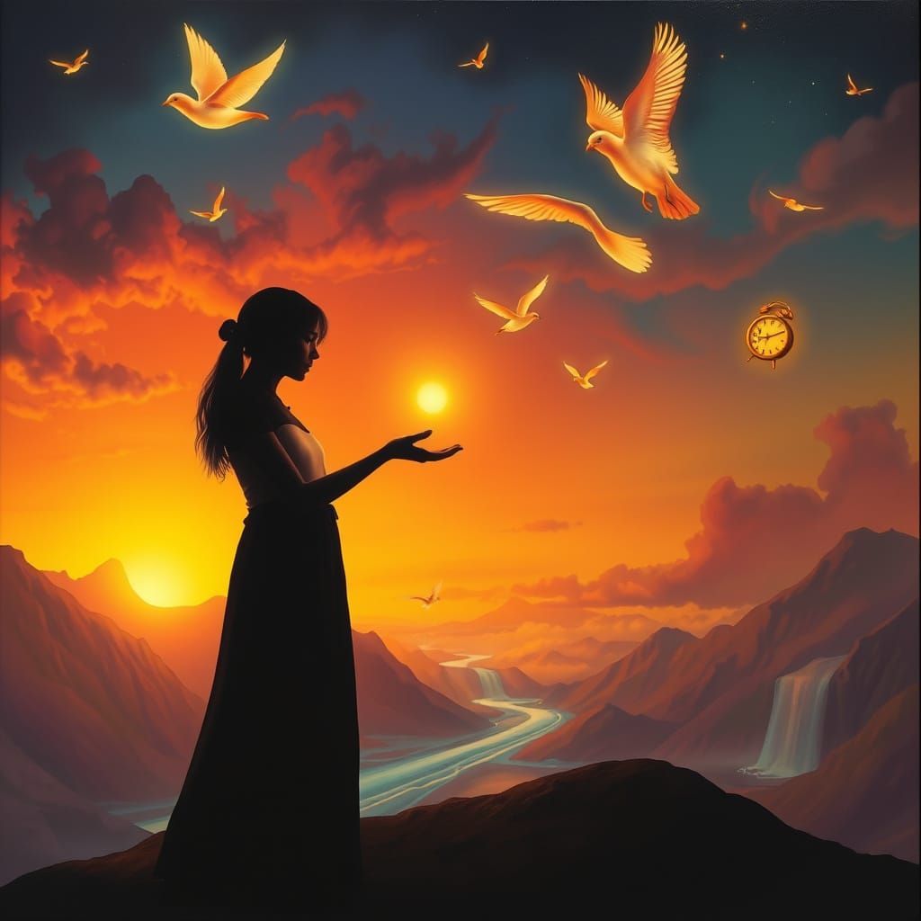 Surreal Dreamscape: Glowing Figure Offers Light Orb