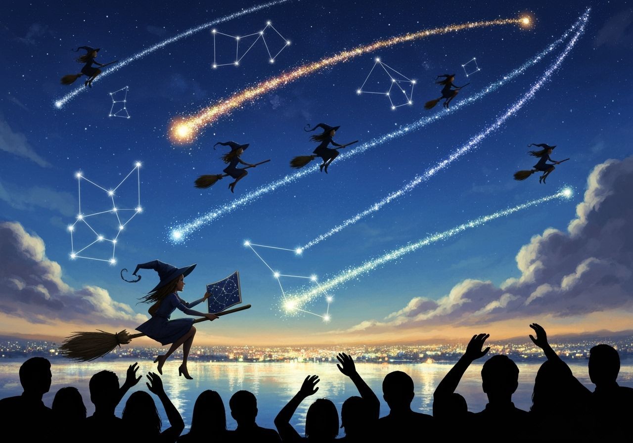 Witches Soar Over a Starry City with Comet Trails