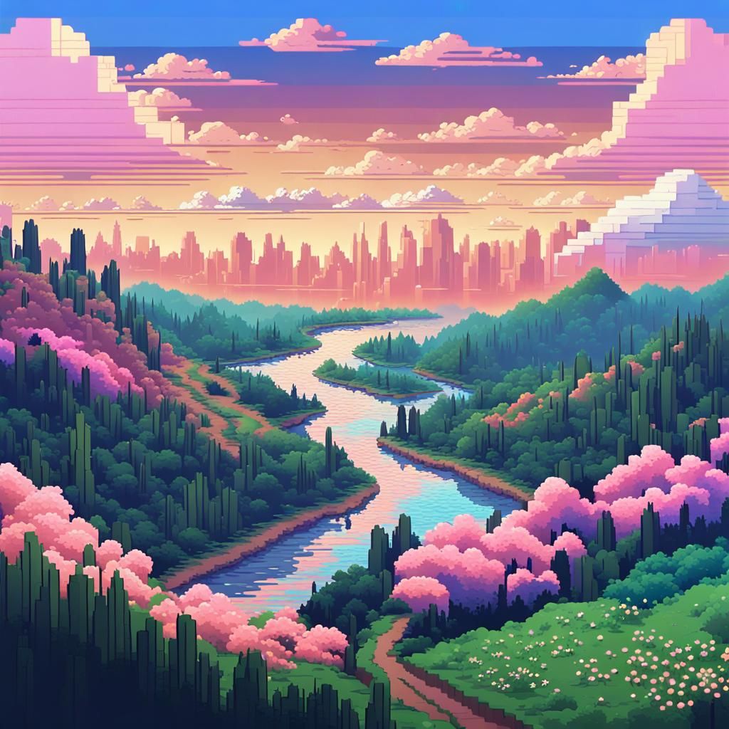 Retro 8-bit River Landscape Pixel Art