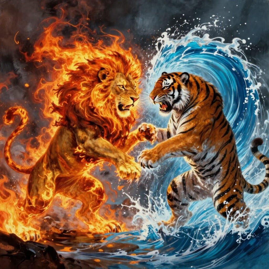 Fire Lion Battles Water Tiger in Epic Fantasy Art