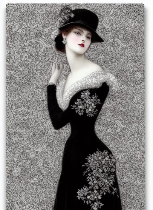 Elegant Noir Woman in Floral Gown, Detailed Portrait