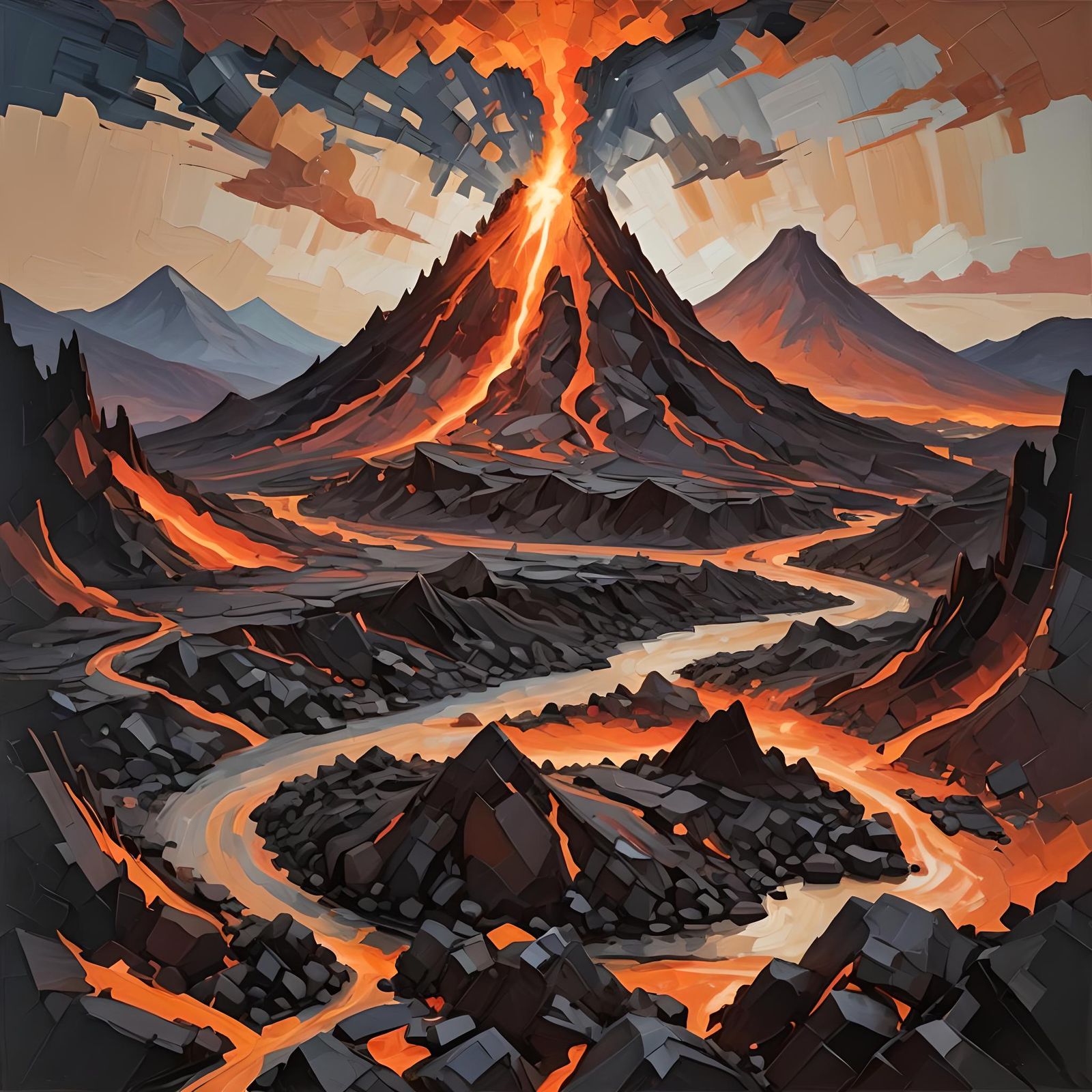 Volcano at Dusk: River of Fire in Cubist Style