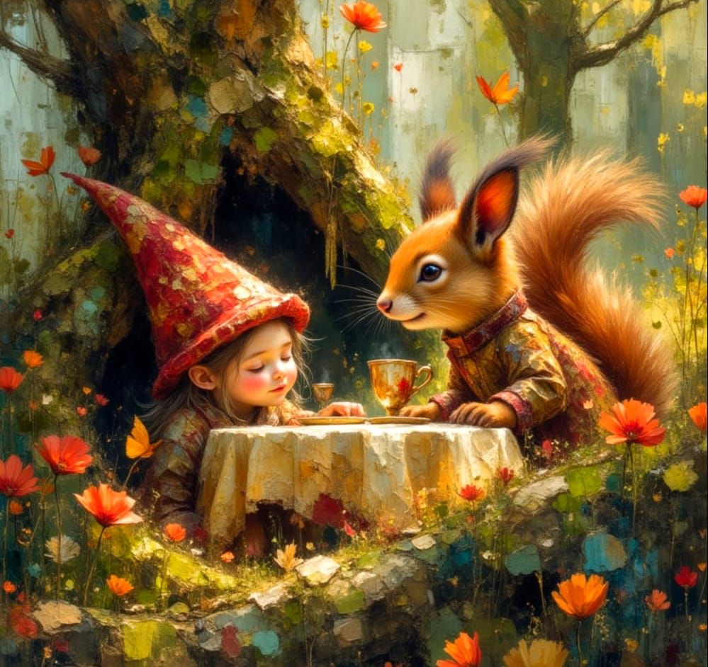 Gnome Tea Party in Forest, Watercolour Style