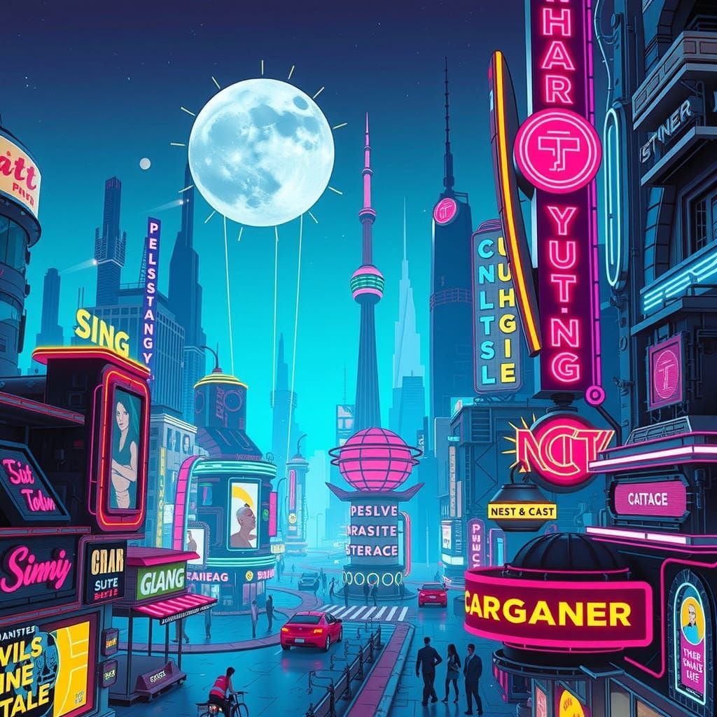Vibrant Neon Cityscape with Woman in Cyberpunk Art Deco Styl...
