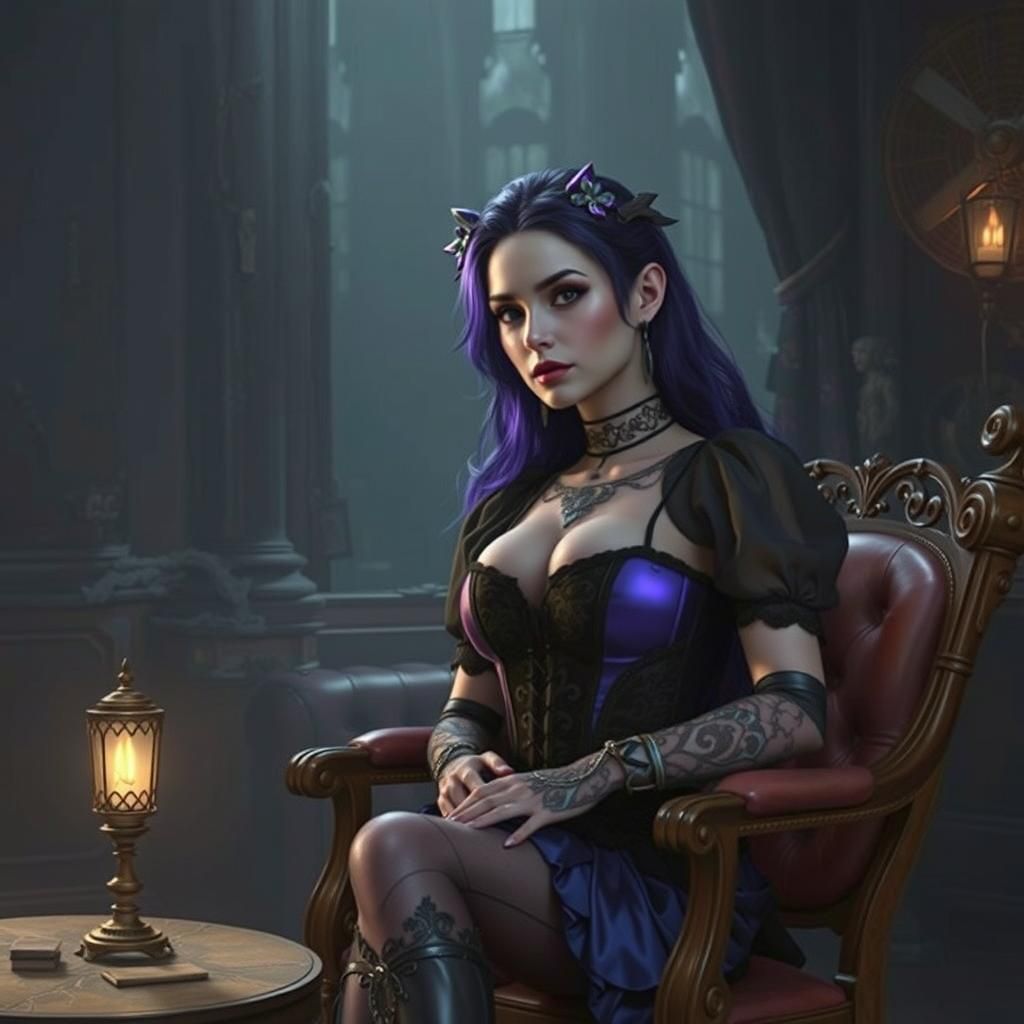 Gothic Woman in Steampunk Setting with Neon Lighting
