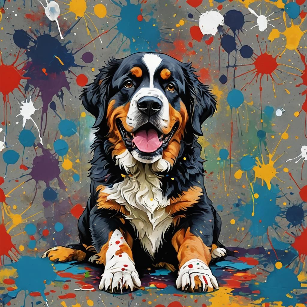 Playful Bernese Mountain Dog Creates Abstract Art