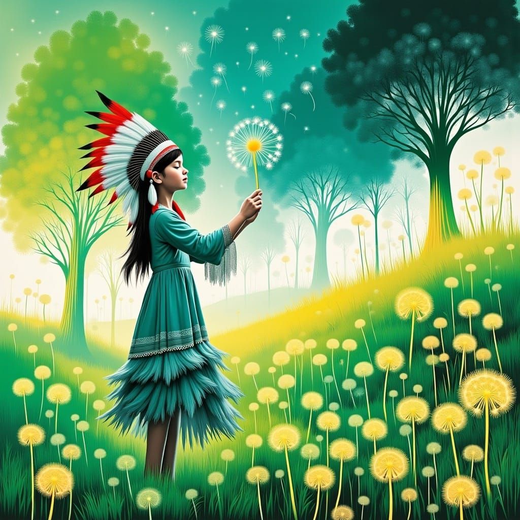 Native American Girl's Dandelion Dreamscape, Surreal Art
