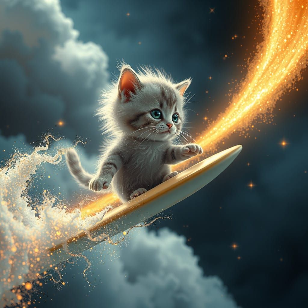 Celestial Kitten Surfer in Whimsical Silver Filaments