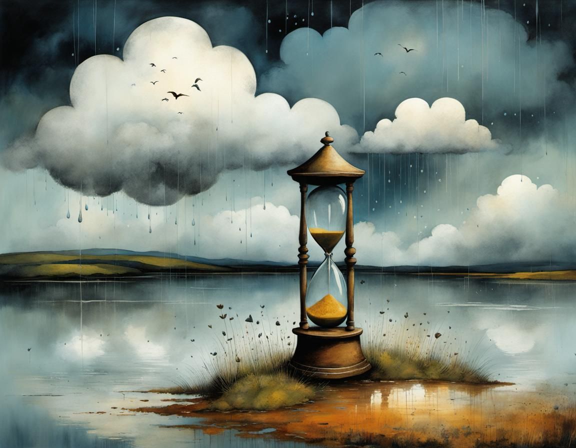 Hourglass with Rainclouds Whimsical Illustration