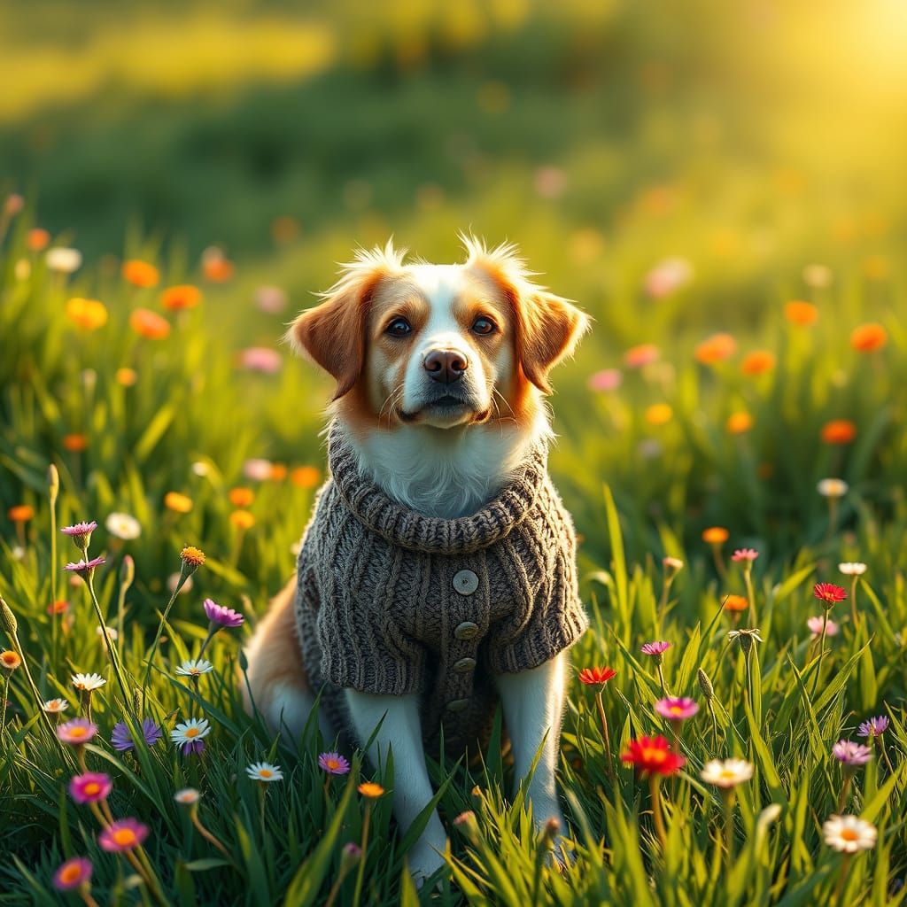 Dog in Sweater on Meadow: Romantic Style