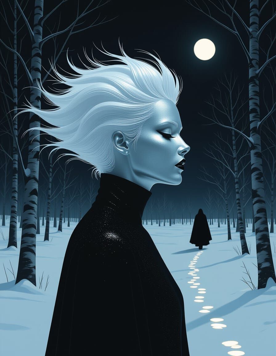 Surreal Metallic Figure in Winter Landscape, Chrome Aestheti...