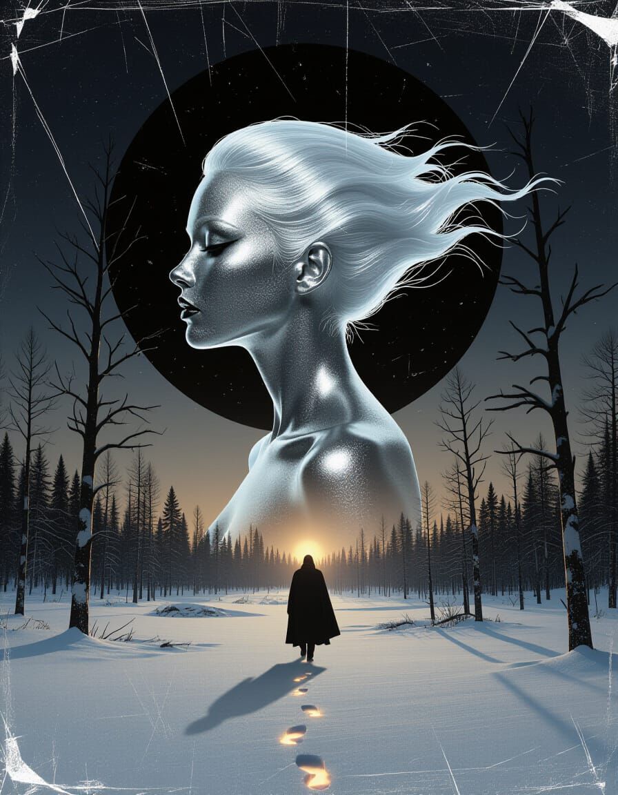 Surreal Metallic Figure in Winter Landscape, Dark Fantasy Co...
