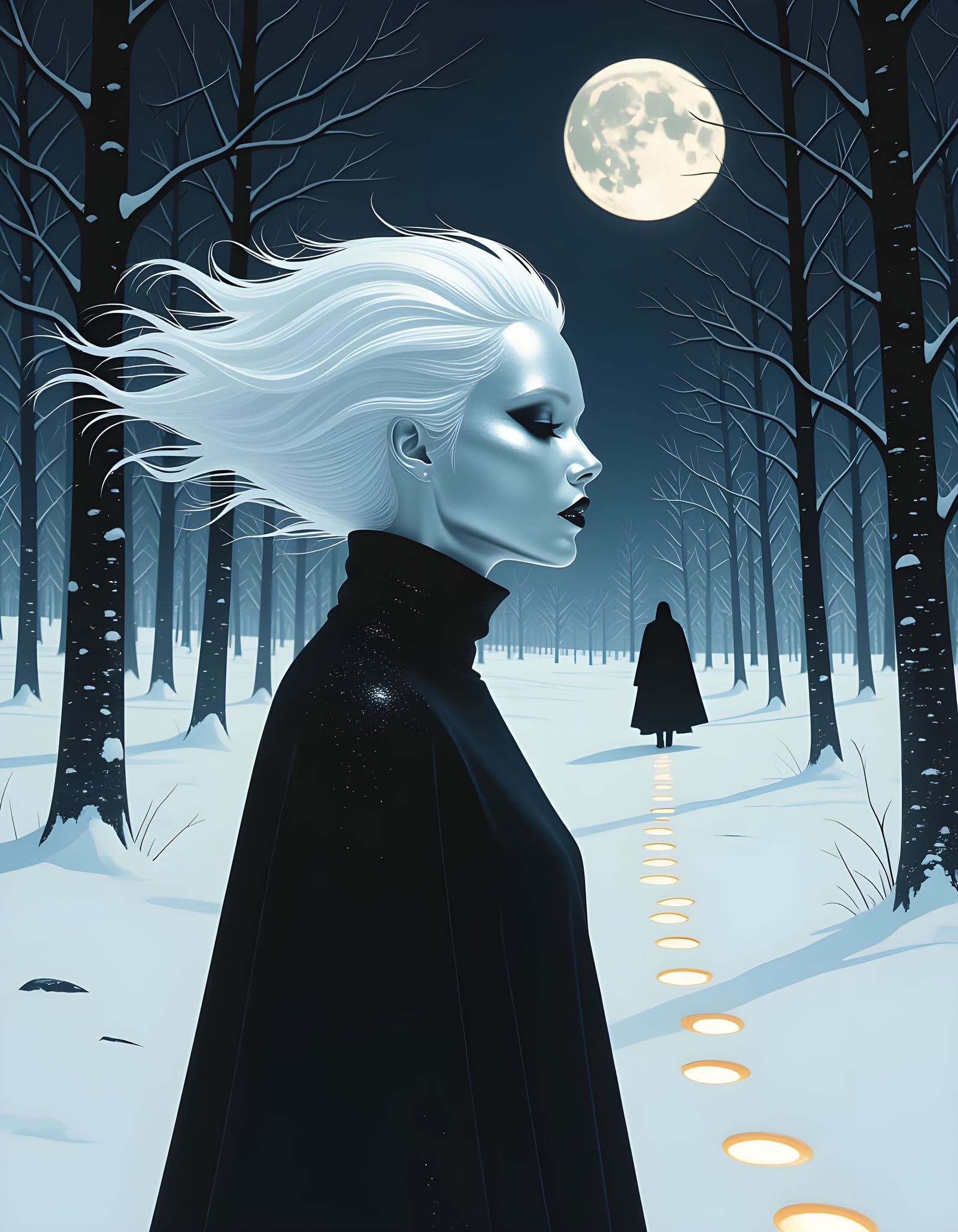 Surreal Metallic Figure in Winter Forest, Dystopian Art