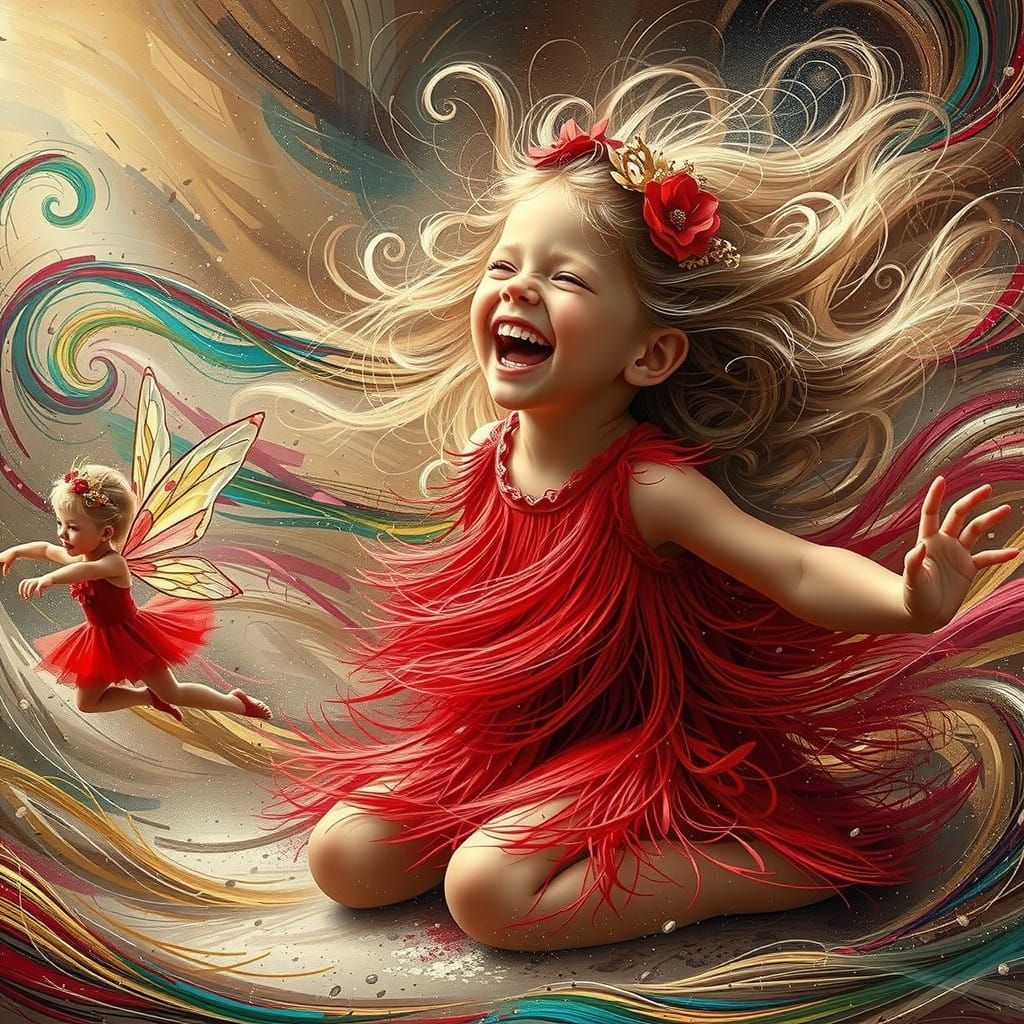 Whimsical Fairy Girl Dances in Vibrant Evergreen Background