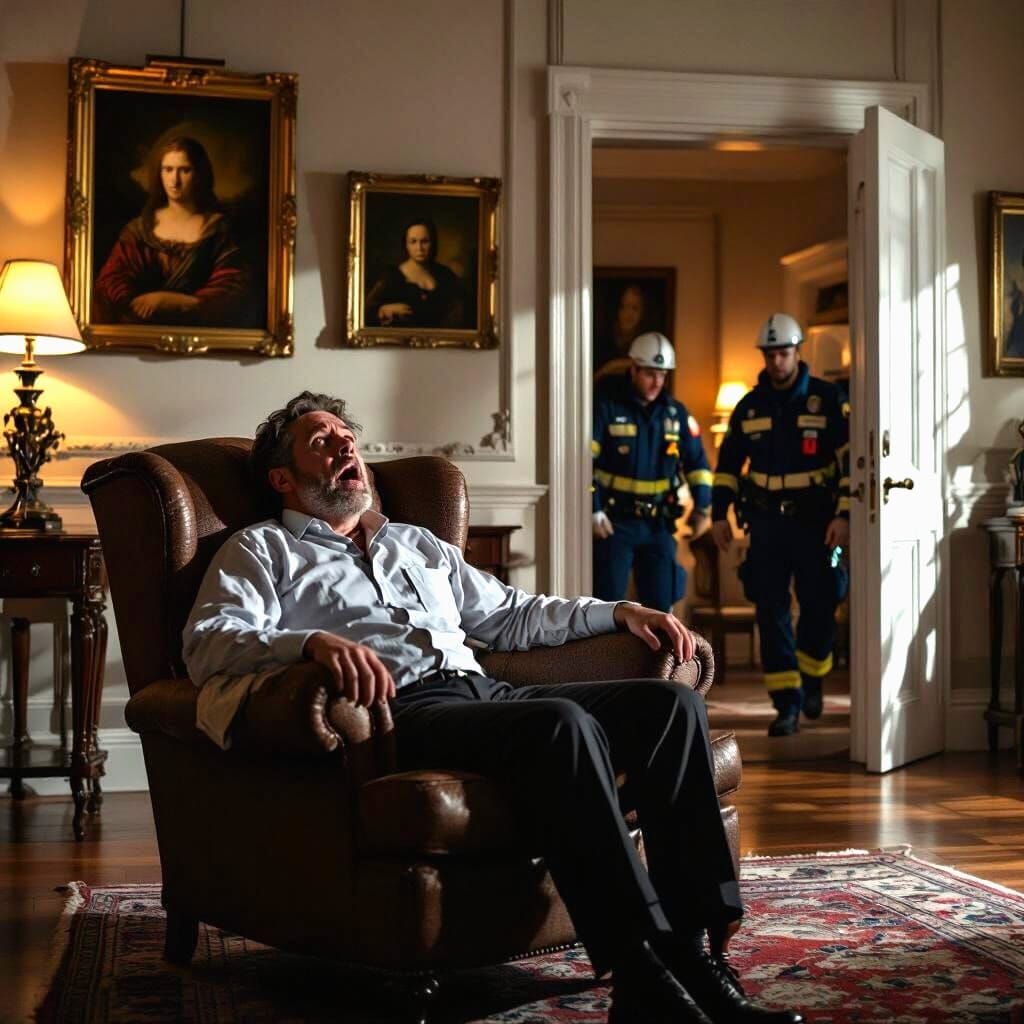 Man in Armchair Panics as Paramedics Enter Room