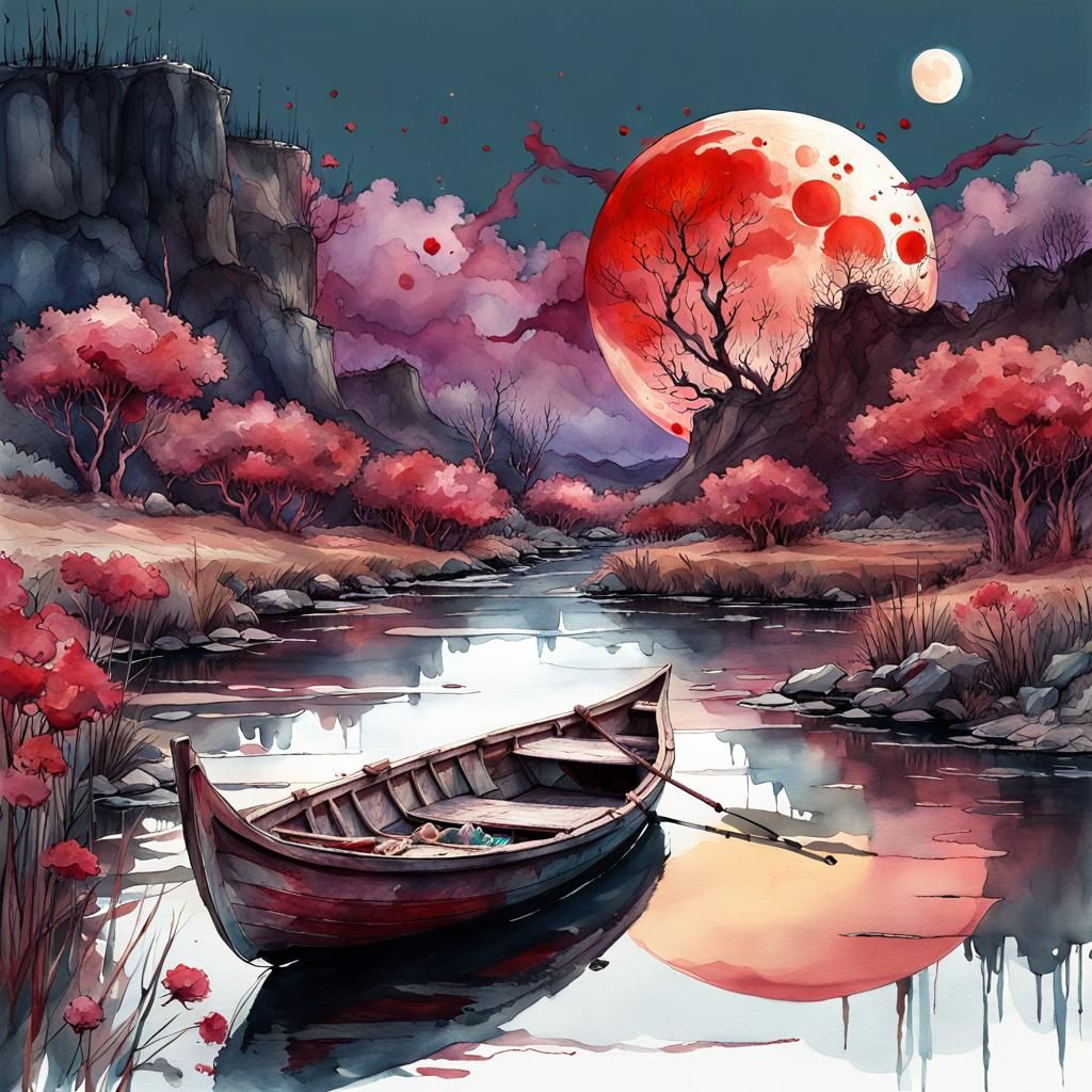 Bloodmoon River Landscape in Watercolor Style