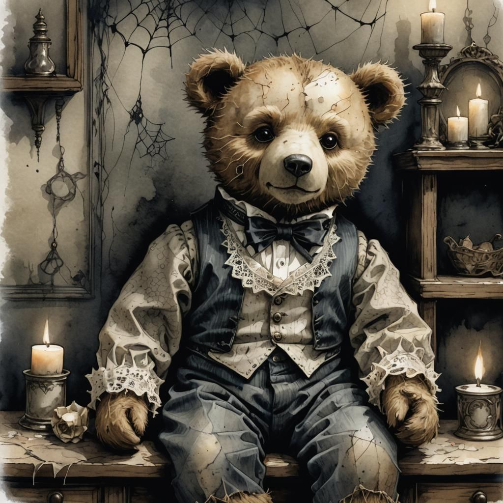 Cracked Porcelain Teddy Bear in Gothic Fairytale Style