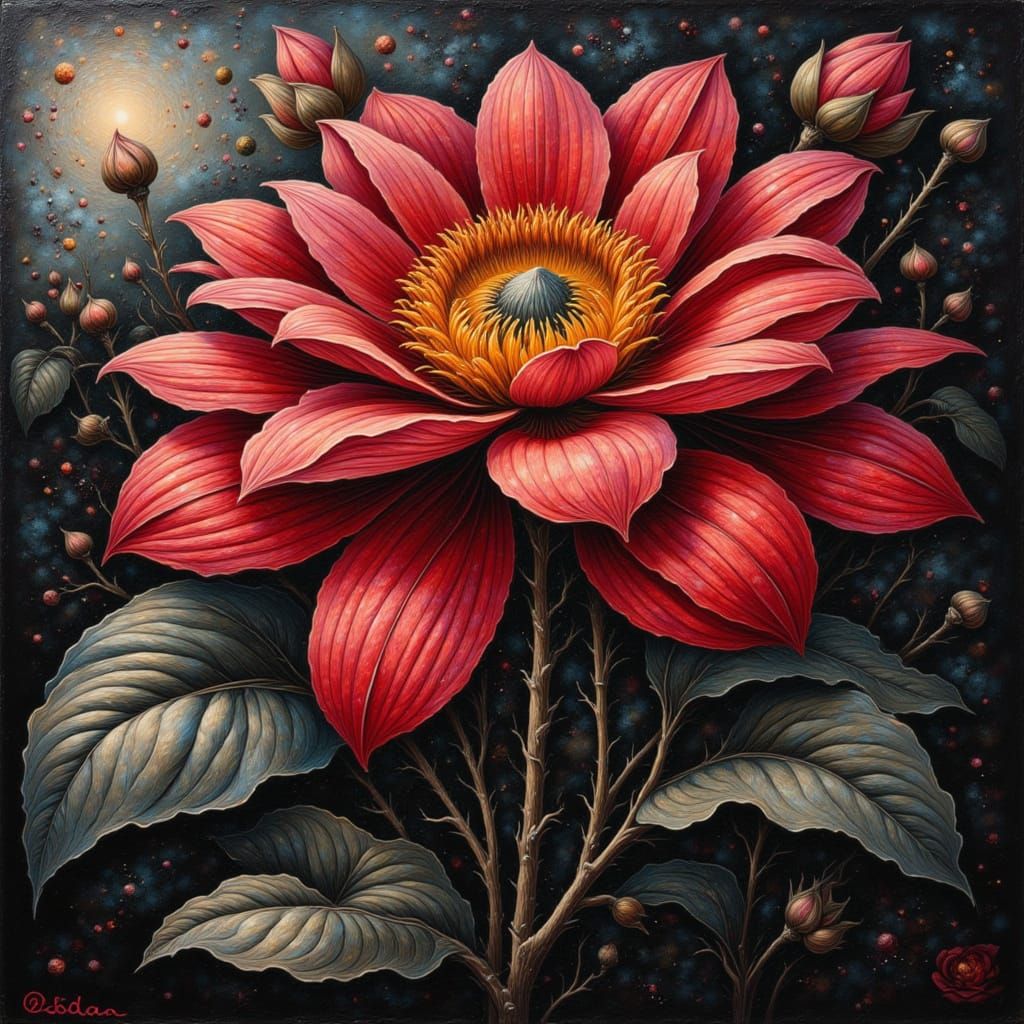 Surreal Impossible Geometry Flower in Black and Red Impasto ...