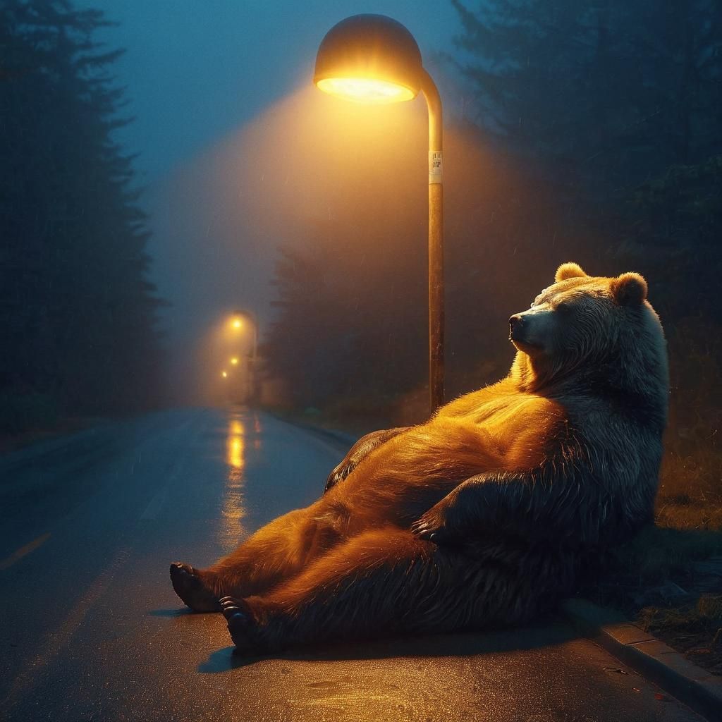 Kodiak Bear Relaxing Under Street Light