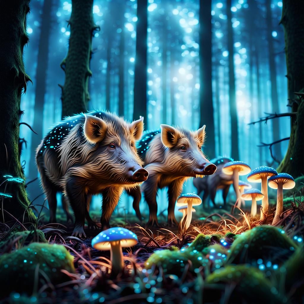 Wild Boars Feast on Bioluminescent Mushrooms