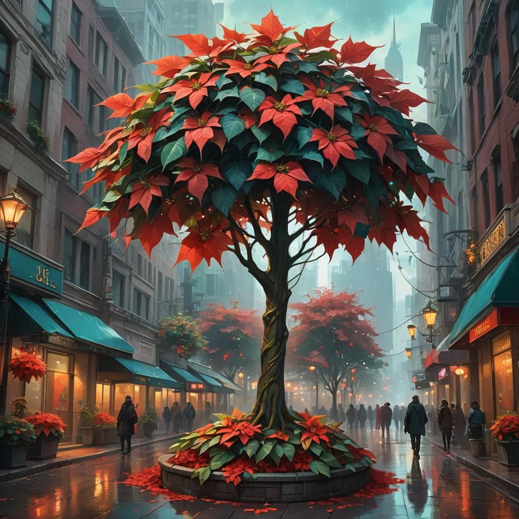 Poinsettia Tree in Urban Fantasy City Center