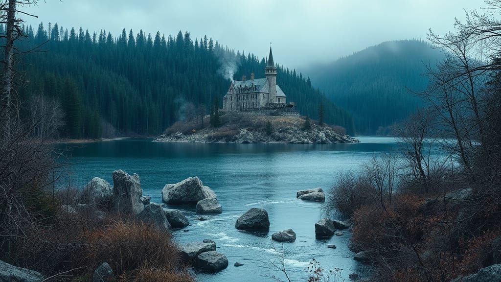 Grand Stone Manor on Island in Overgrown Lake