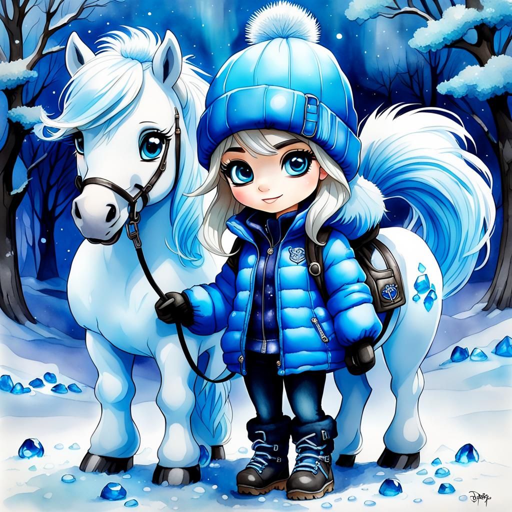 Disney Chibi Girl and Pony in Watercolor Style