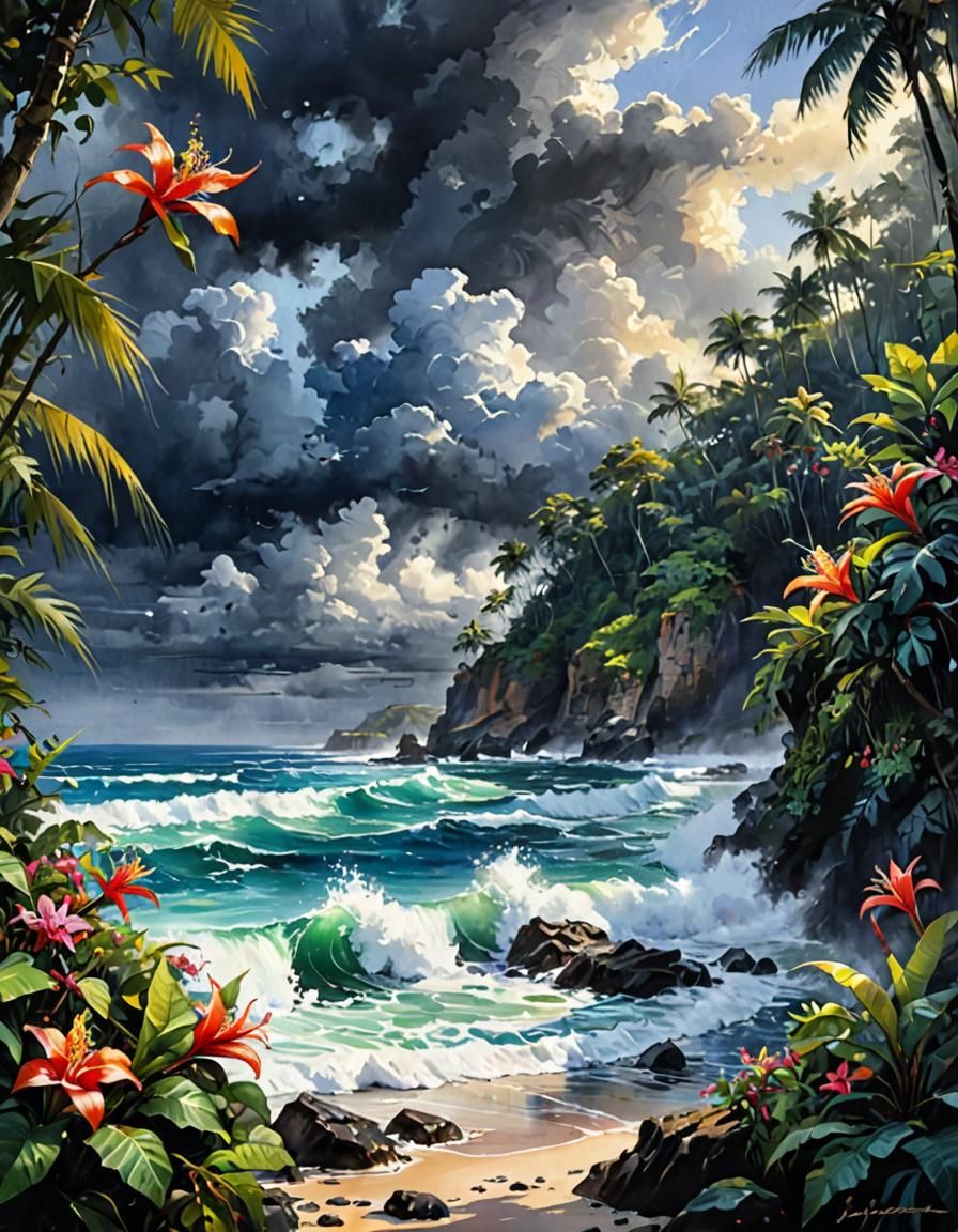 Cotinga in Stormy Tropical Forest, Watercolor and Ink