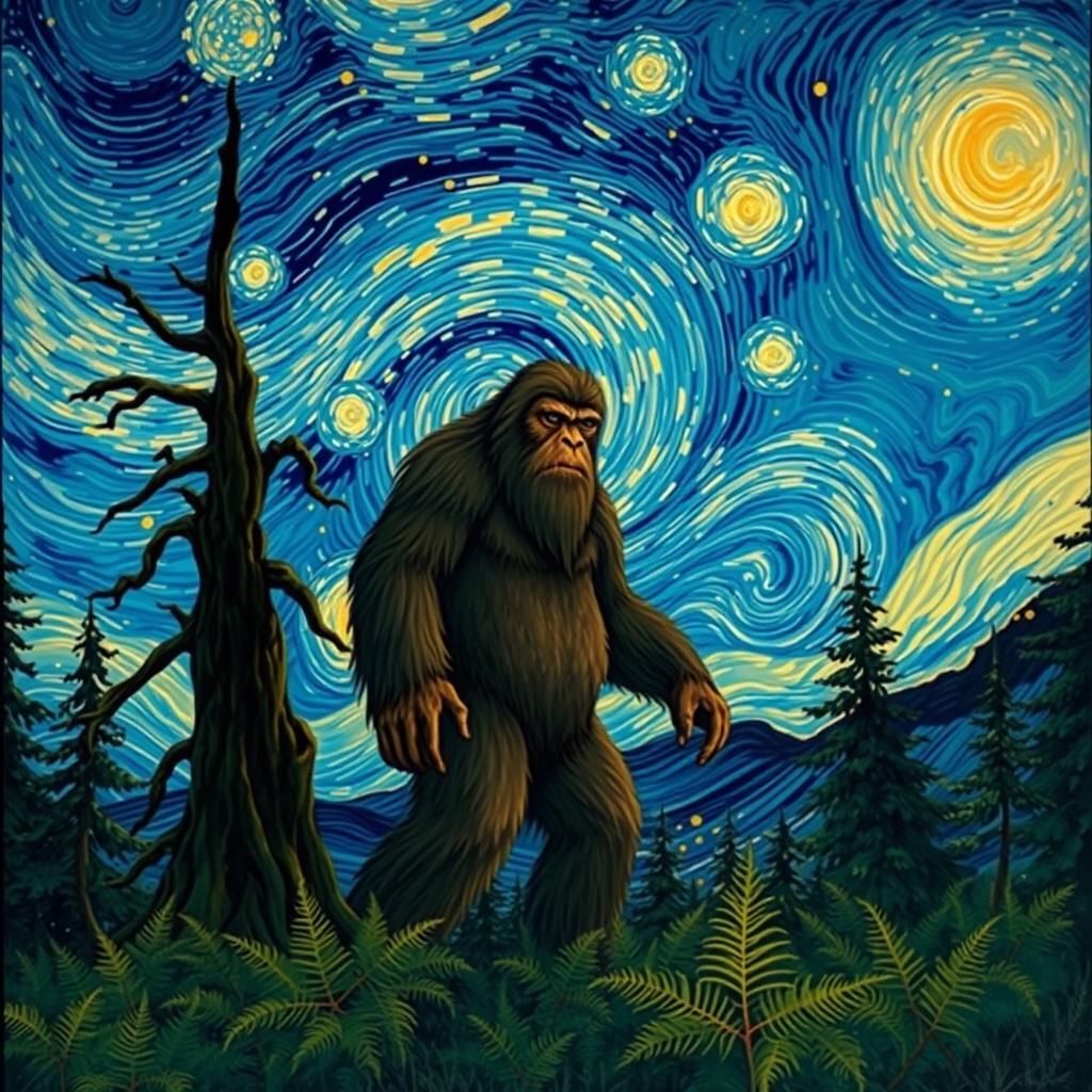 Bigfoot Under Starry Night Sky as Post-Impressionist Art