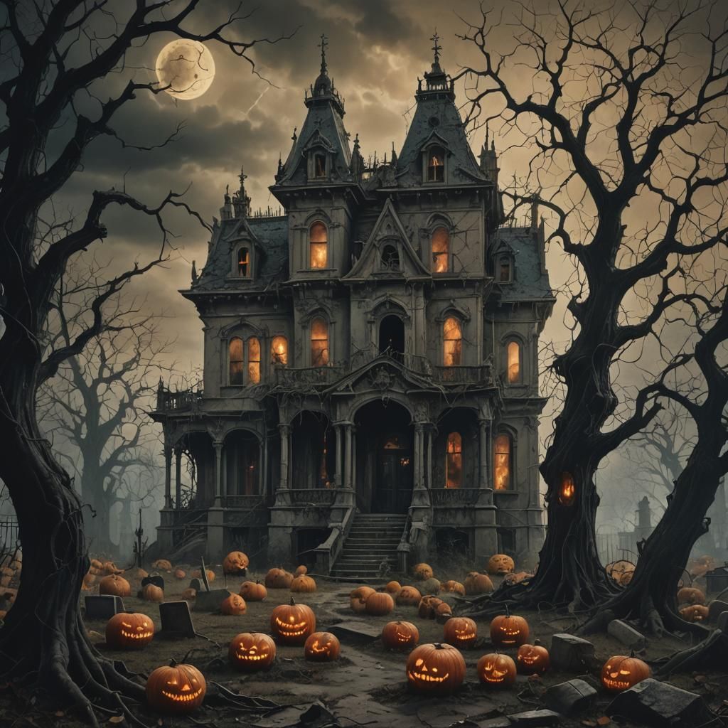 Gothic Mansion in Cemetery, Dark Fantasy Scene