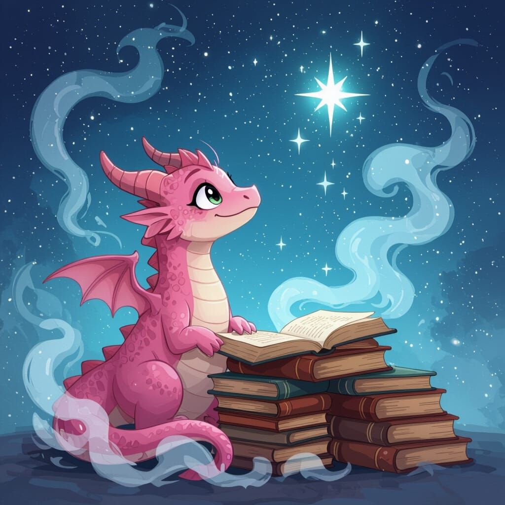Pink Dragon Gazing at Star in Whimsical Style