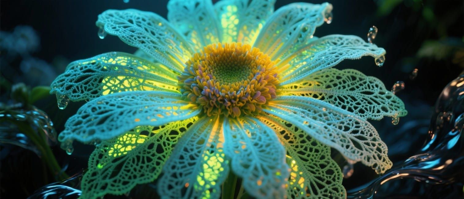 Vibrant Bioluminescent Lace Daisies Glowing with Water Movem...