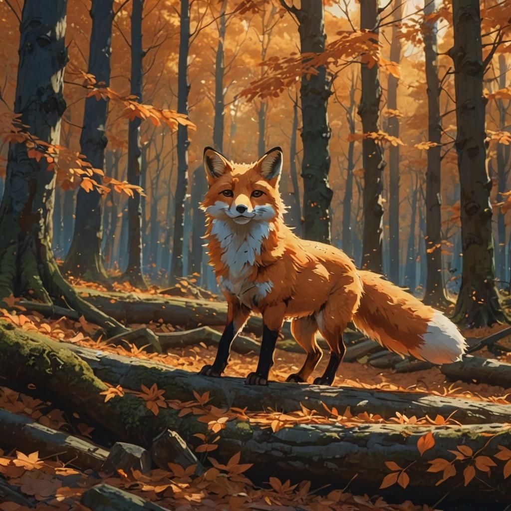 Fox Explores Autumn Woods in Anime Style