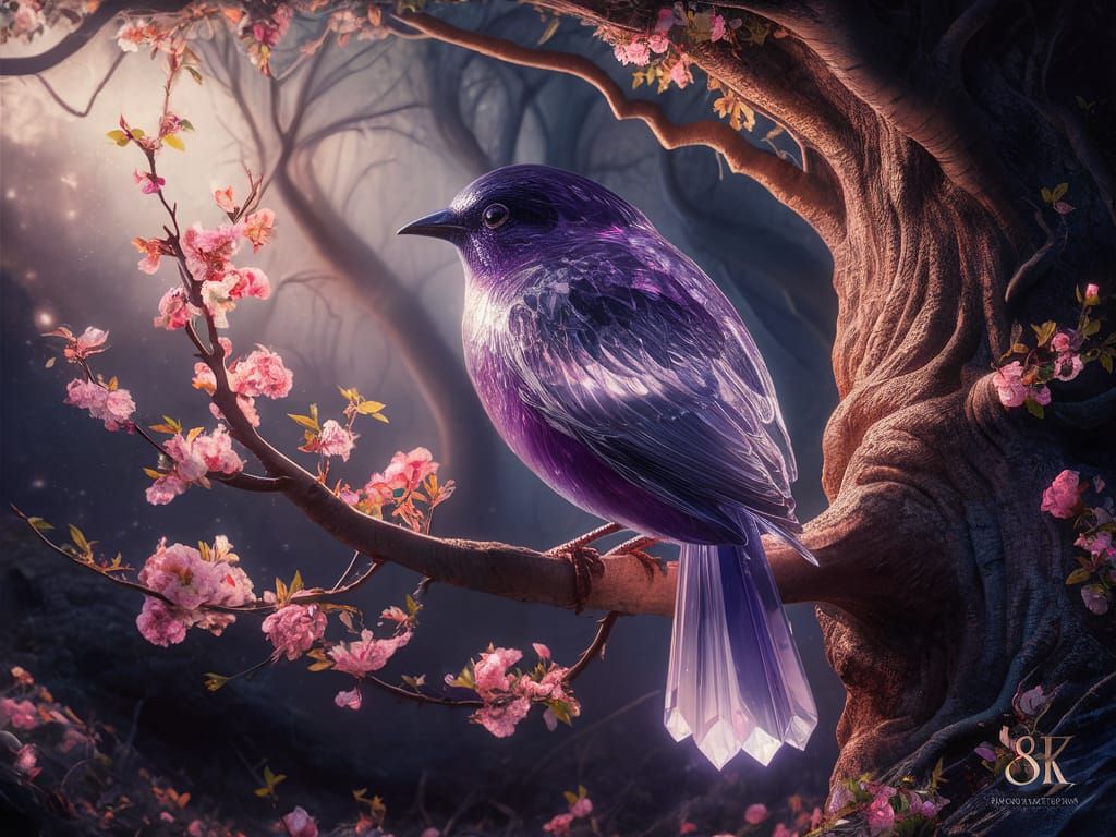 Amethyst Bird on Blossom Branch in Digital Painting Style
