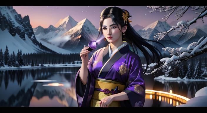 Woman in Kimono with Snowy Mountains, Digital Art