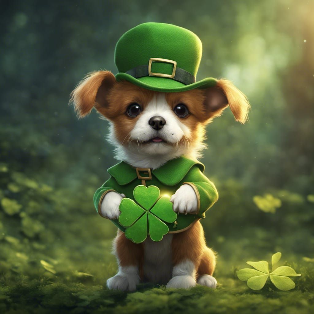 Puppy Leprechaun with Clover, Fantasy Concept Art