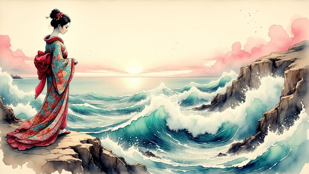 Geisha Overlooking Turbulent Sea in Hokusai Ukiyo-e Style