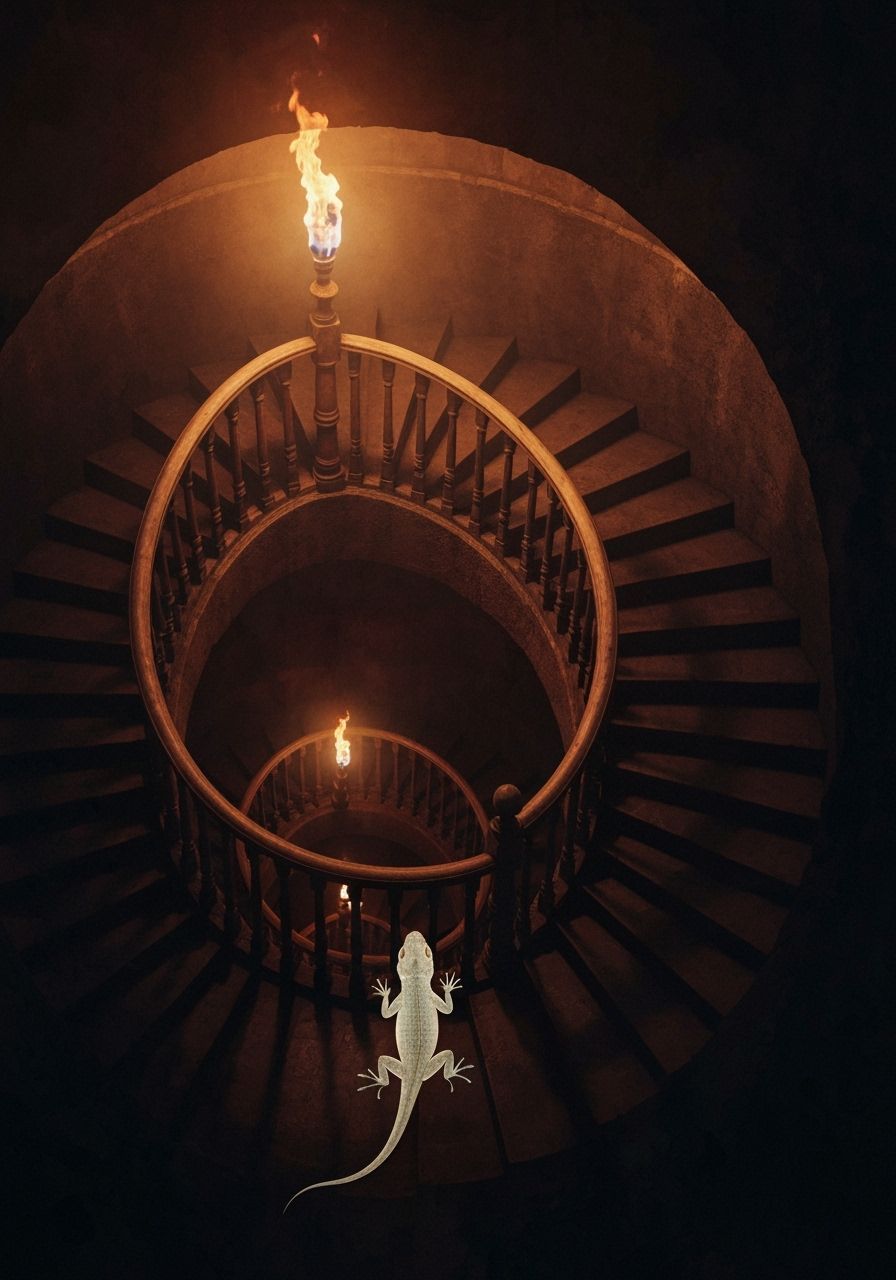 Lizard Descends Spiral Staircase in Torchlit Watercolor