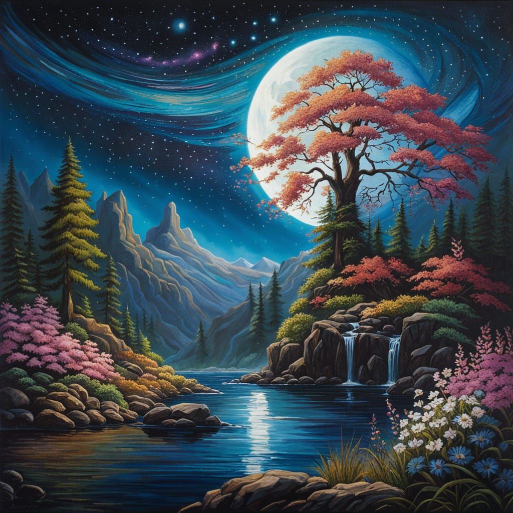 Tree on Stone Hill with Waterfall, Detailed Gouache Painting