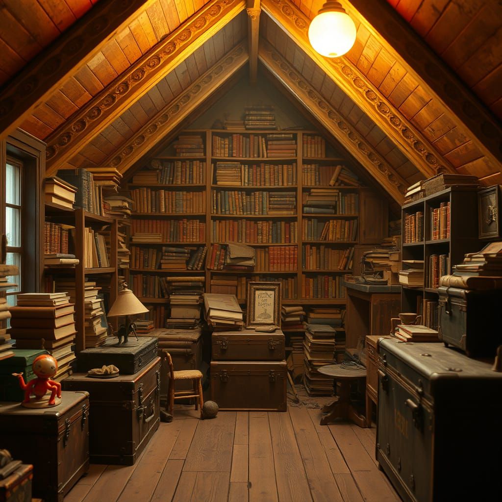 Cozy Victorian Attic Library in Golden Light