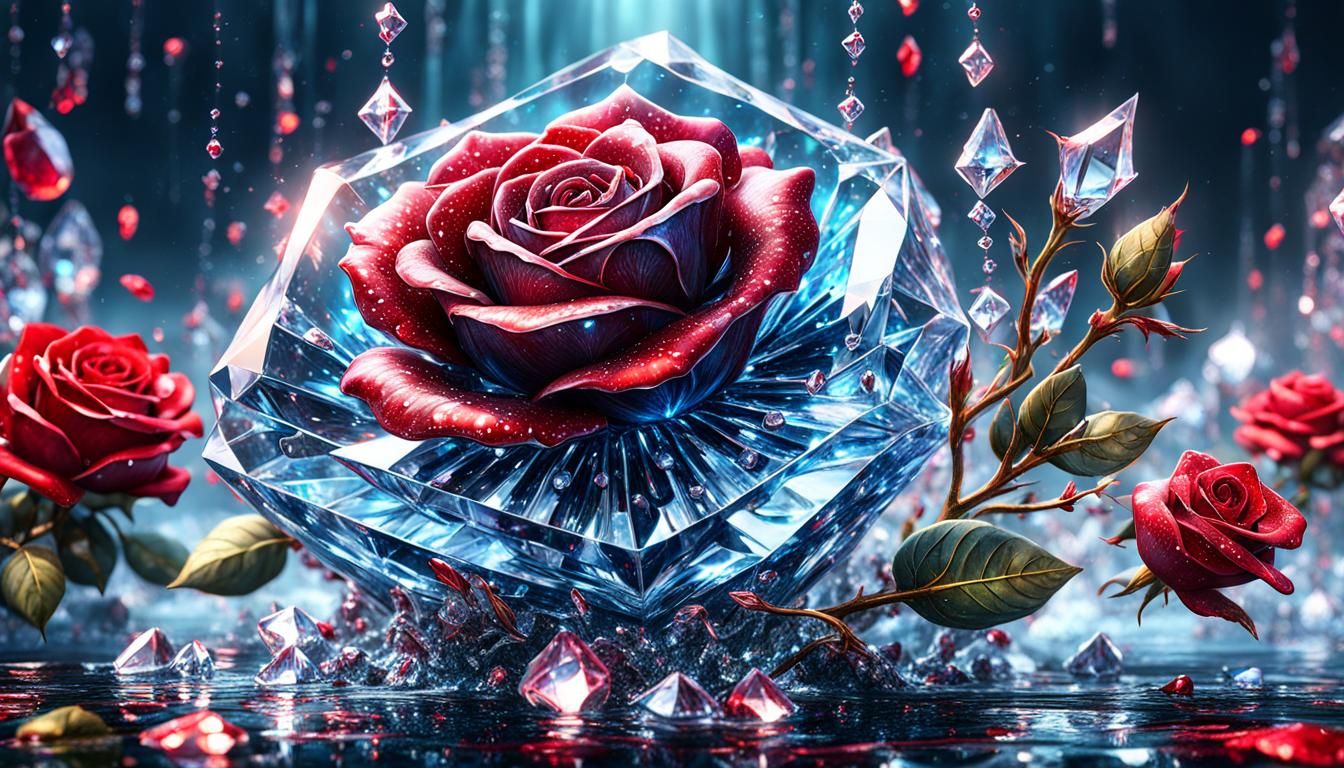 Crystal Red Rose on Bejeweled Water: Digital Painting
