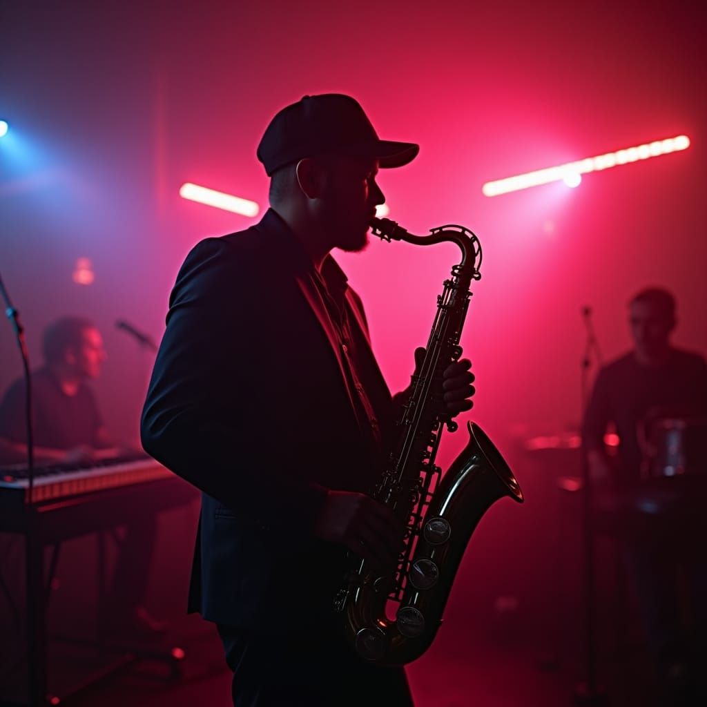 Saxophone Player in Neon Lit Retro Bar