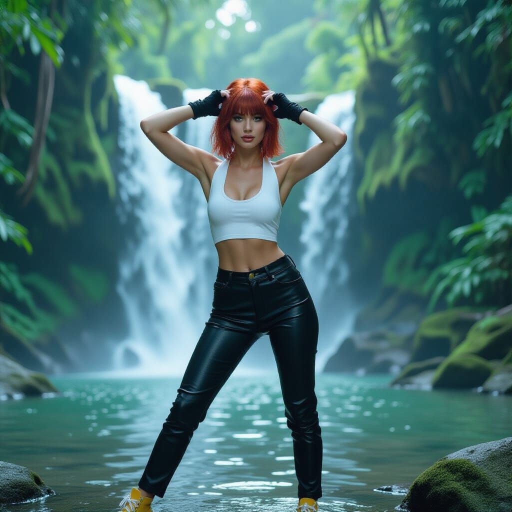 Woman in Jungle Waterfall: Polaroid Style Photo