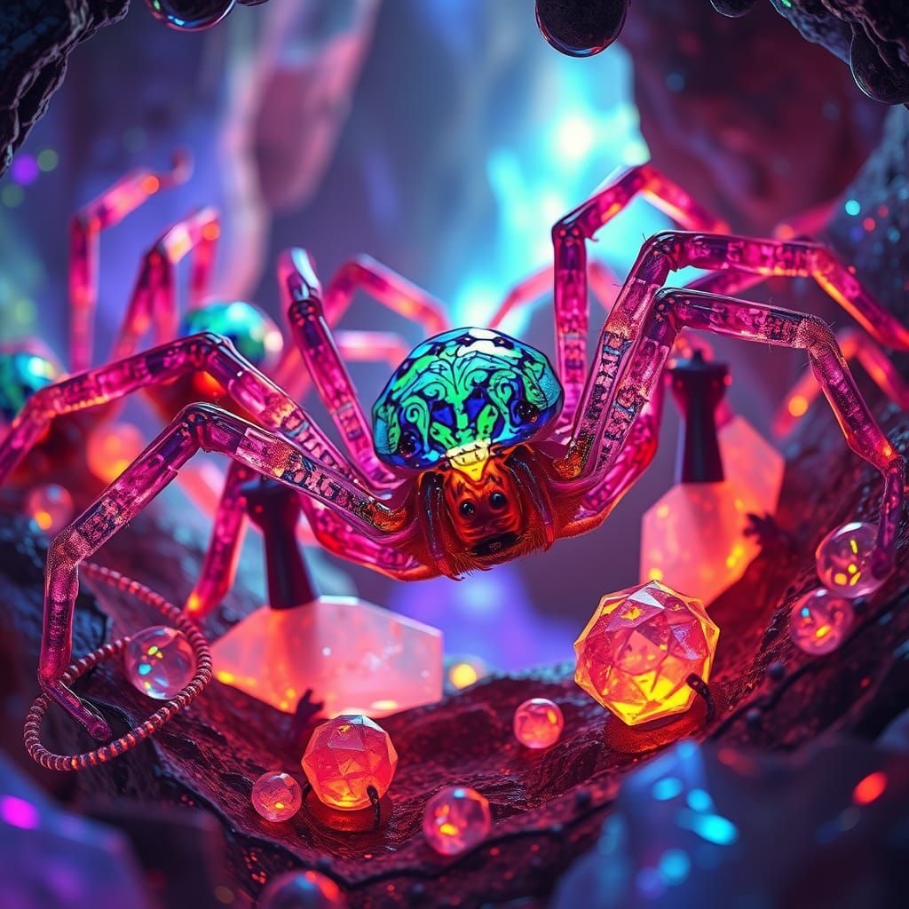 Iridescent Spiders in Bioluminescent Alien Cave