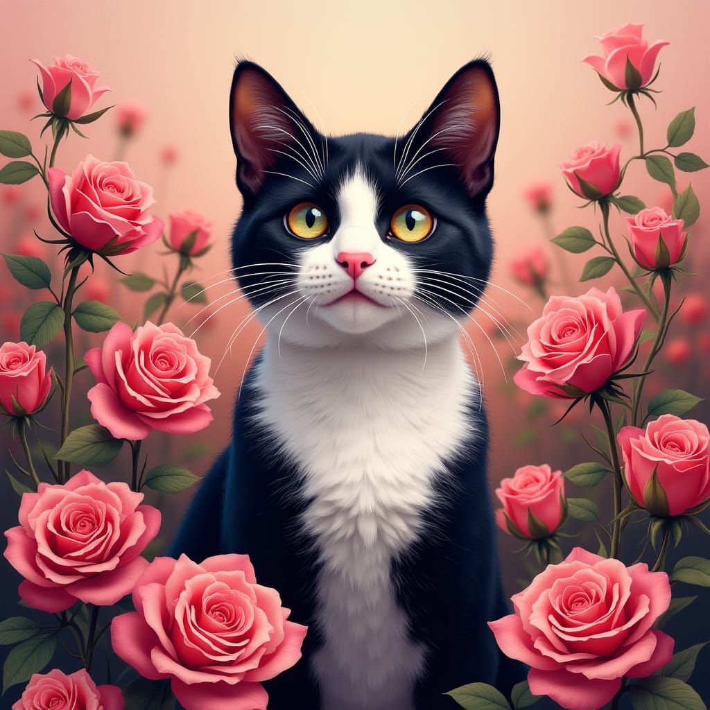 Tuxedo Cat in Roses: A Pop Art Gouache