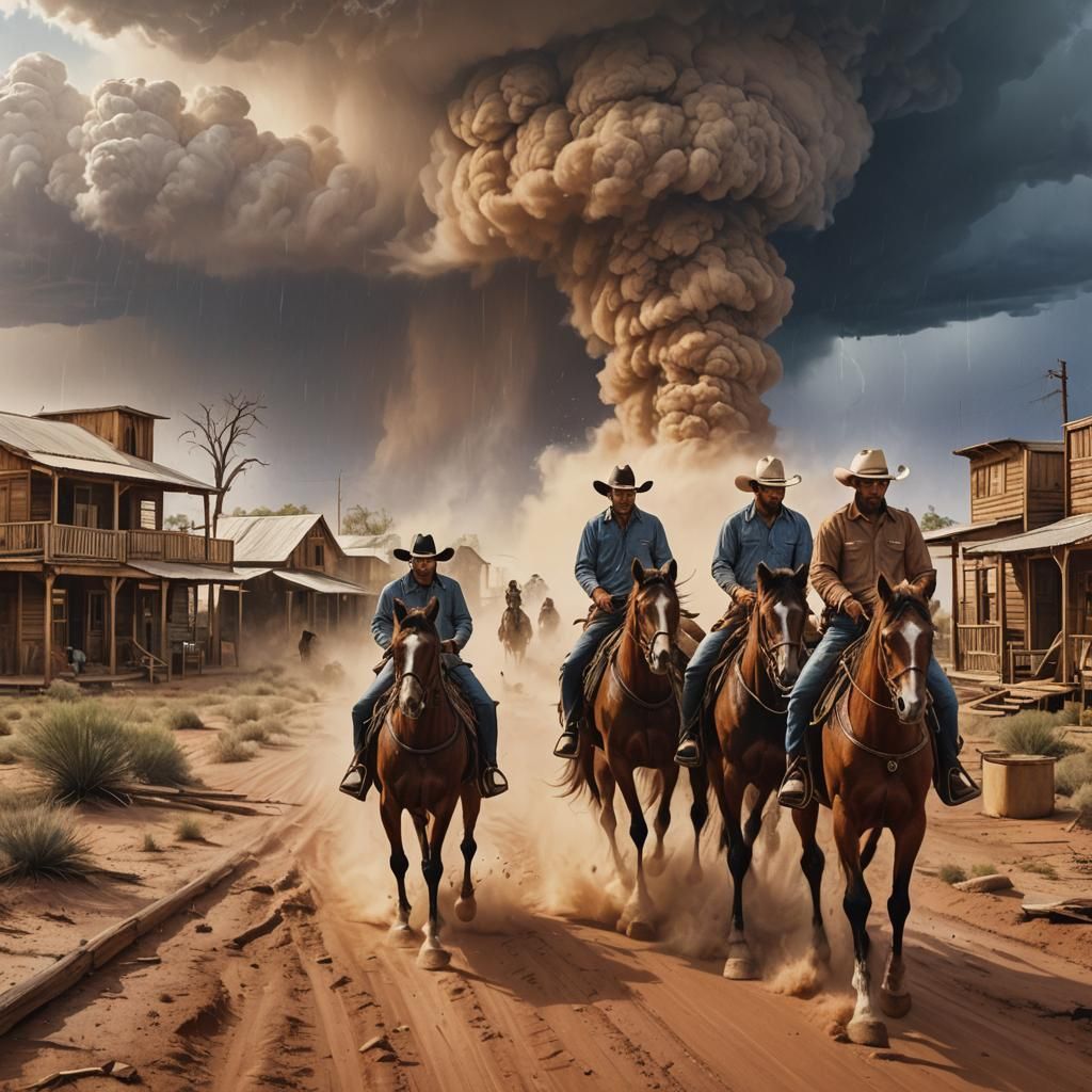 Outback Dust Storm with Cowboys: Hyperrealistic Splash Art