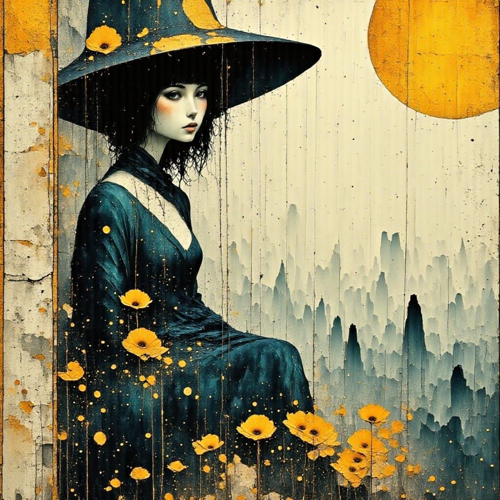 Melancholic Girl in Straw Hat with Roses and Moon