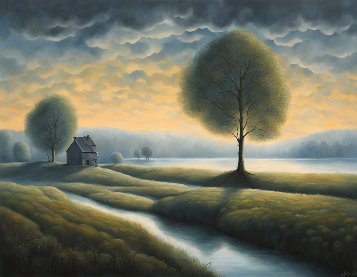 Surreal Belgian Landscape in Atmospheric Oil Painting Style