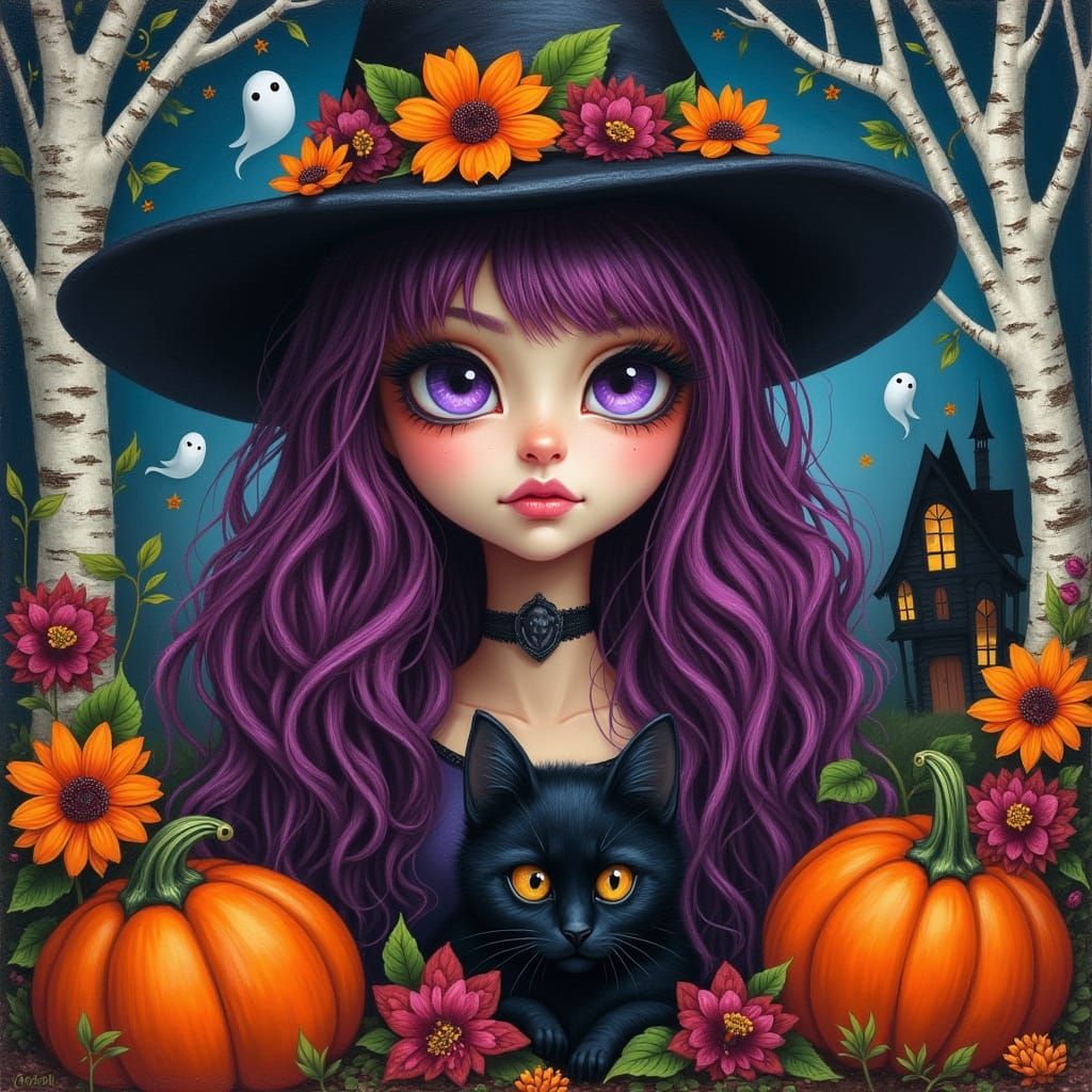 Vibrant Witch with Purple Eyes and Fall Scenery