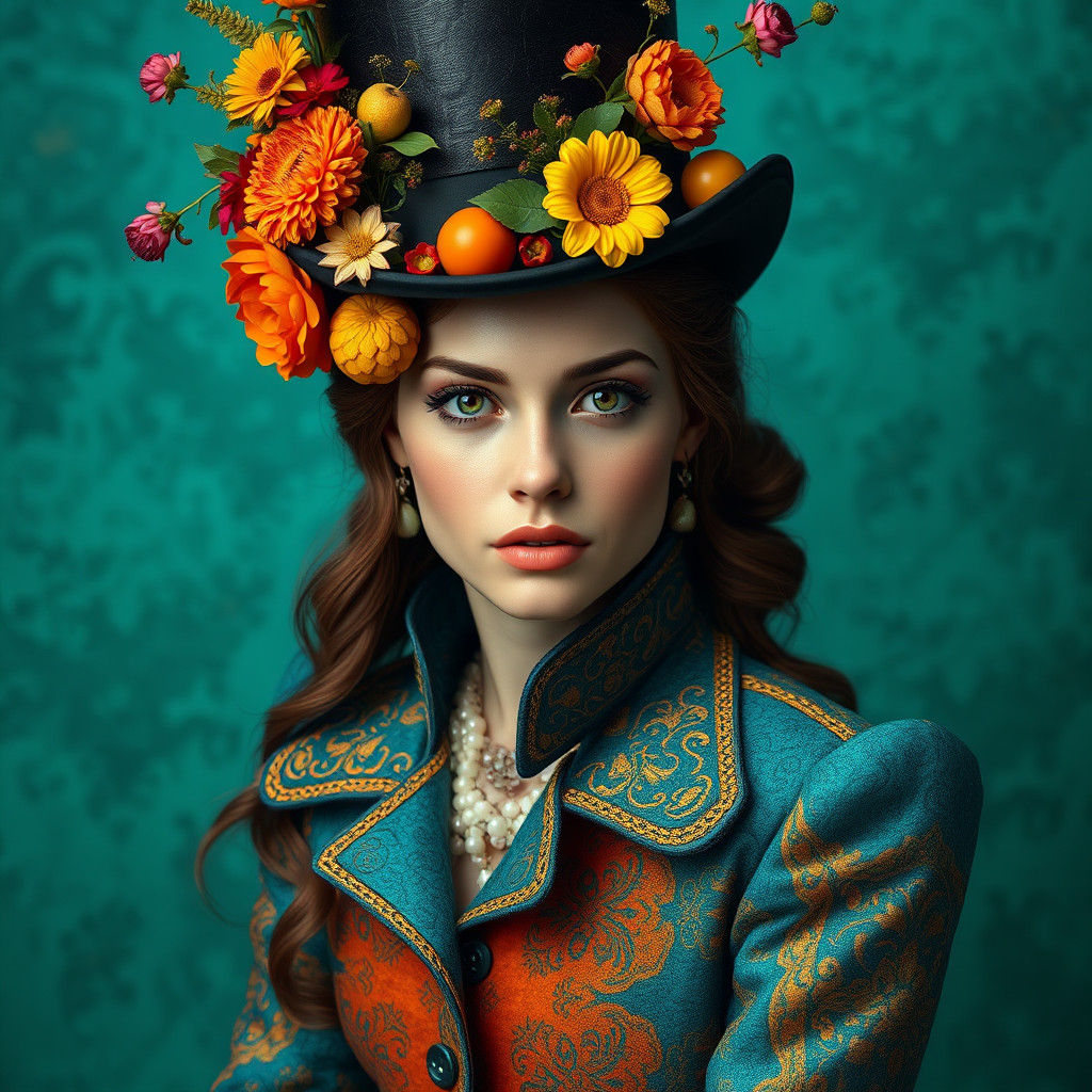 Woman with Green Eyes in Ornate Floral Portrait